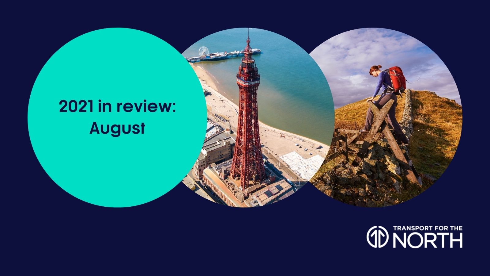 August 2021 review with Blackpool tower and woman hiking in Pennines