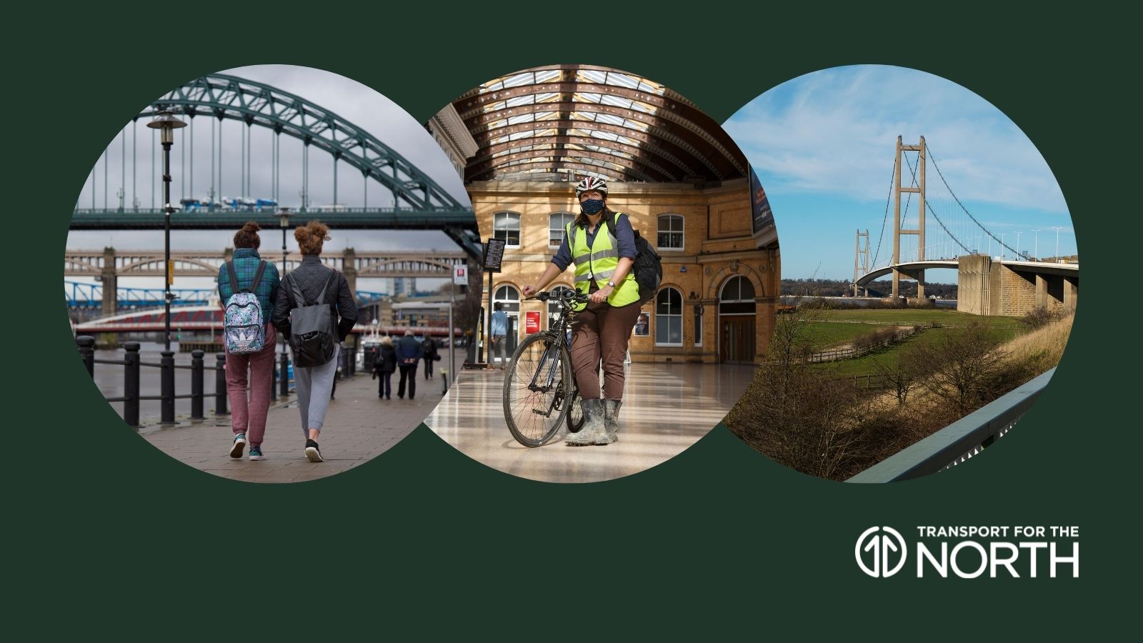 Pedestrians in Newcastle, cyclist at York station, and the Humber bridge