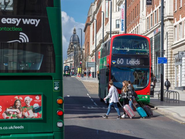 Buses and pedestrians in Leeds