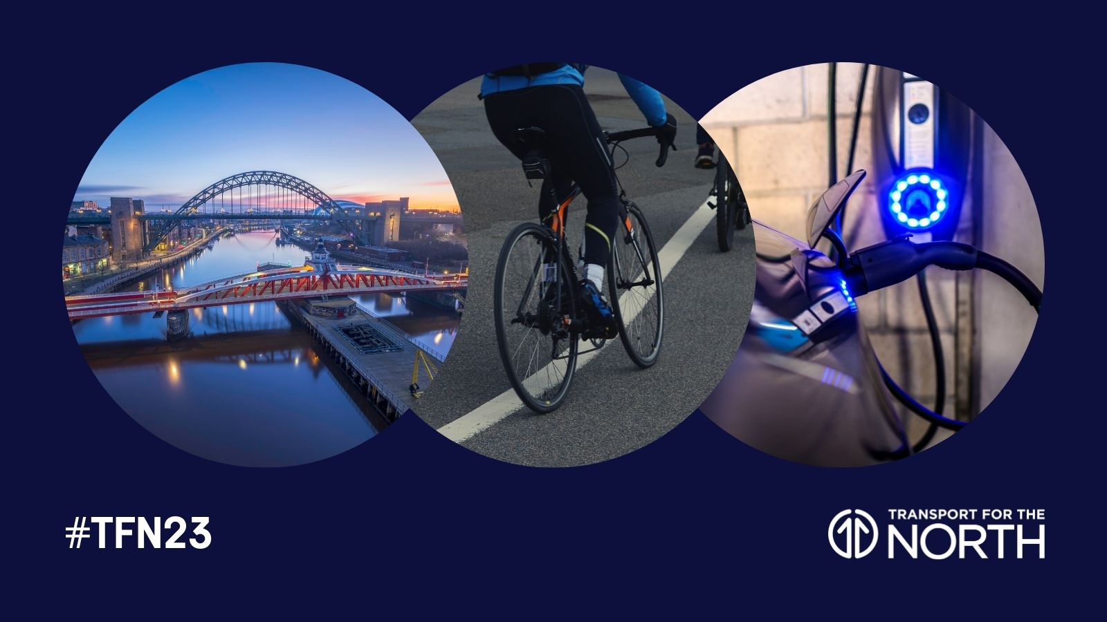 Newcastle skyline, person cycling a bike, electric vehicle charging
