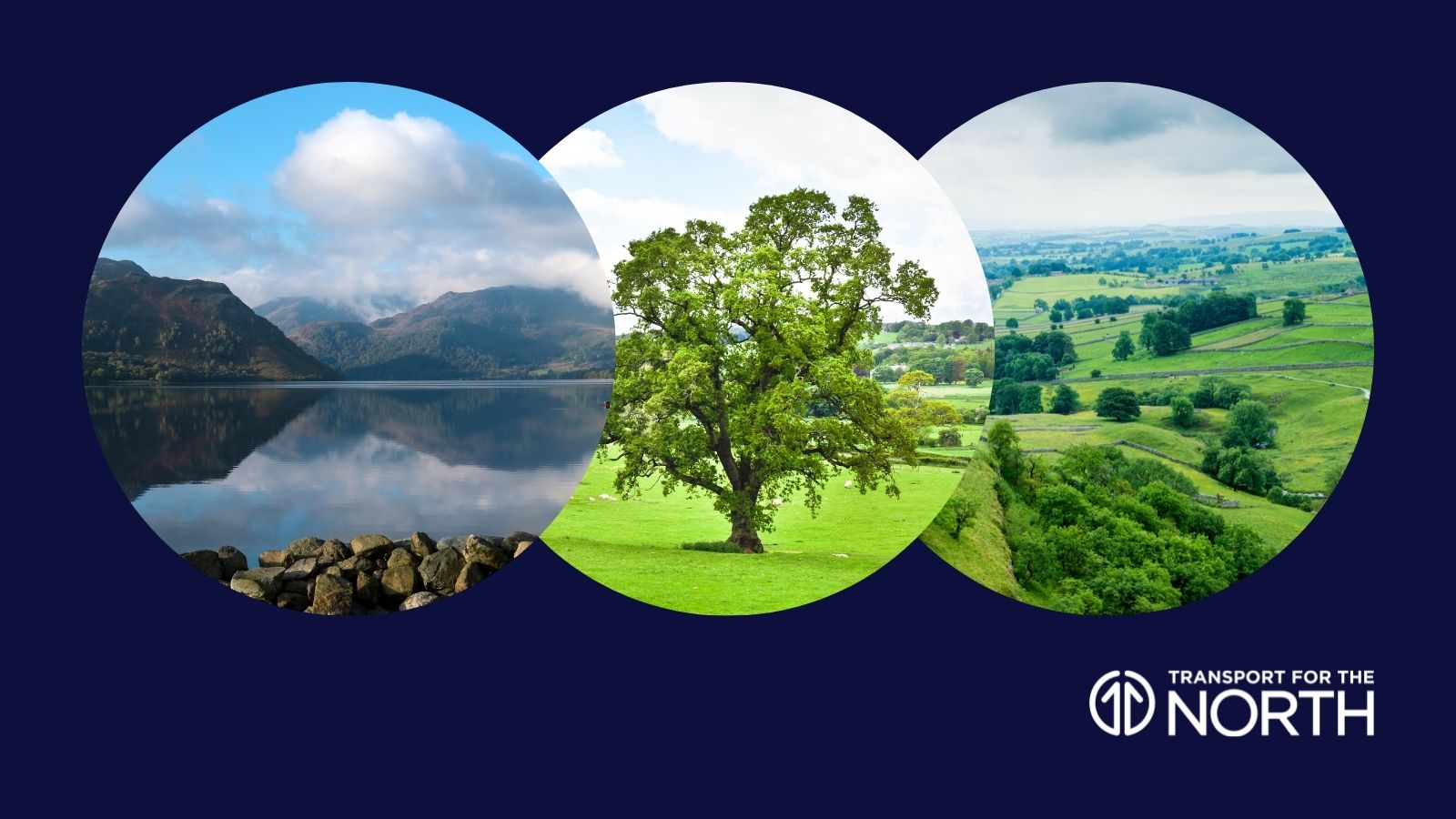 Decarbonisation Strategy banner with images of Cumbria, Northumberland, and Yorkshire
