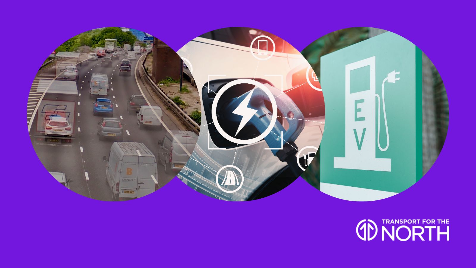 Traffic on a road, electric vehicle graphic, EV charge sign