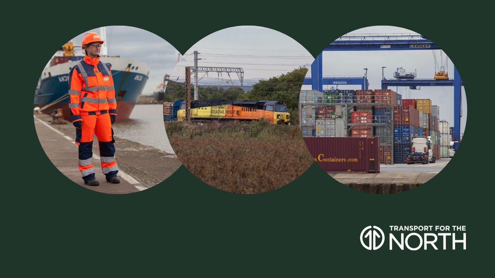 Woman at docks, freight train and shipping containers