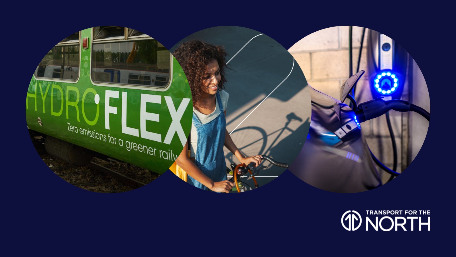 Hydro flex train, lady with bike, ev charge car