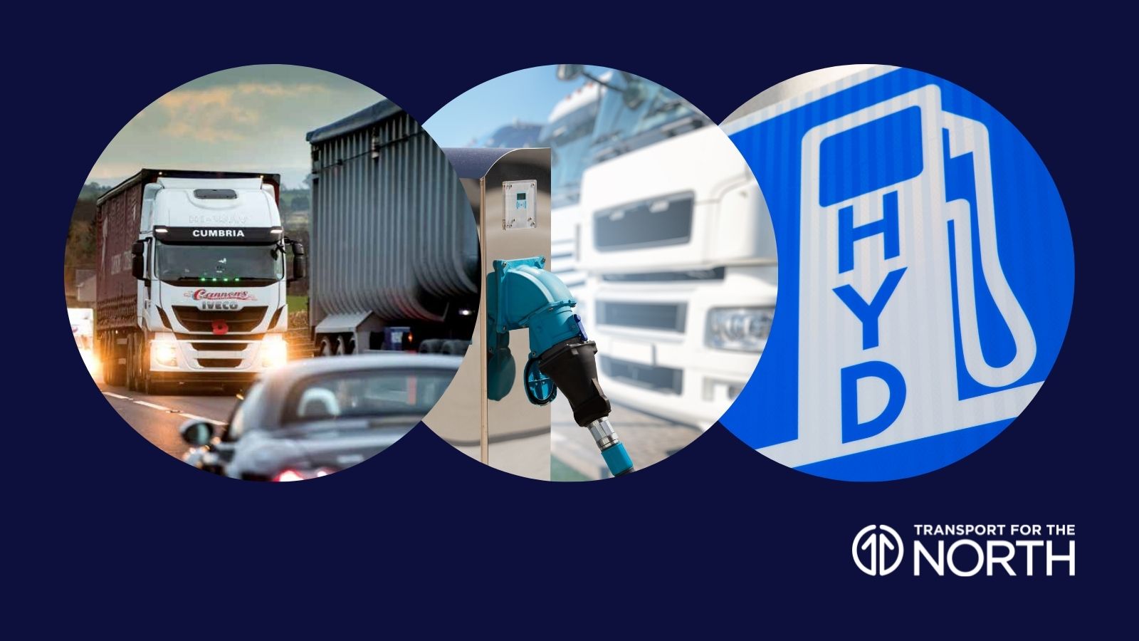 Lorries on the road, hydrogen pump, and hydrogen pump logo