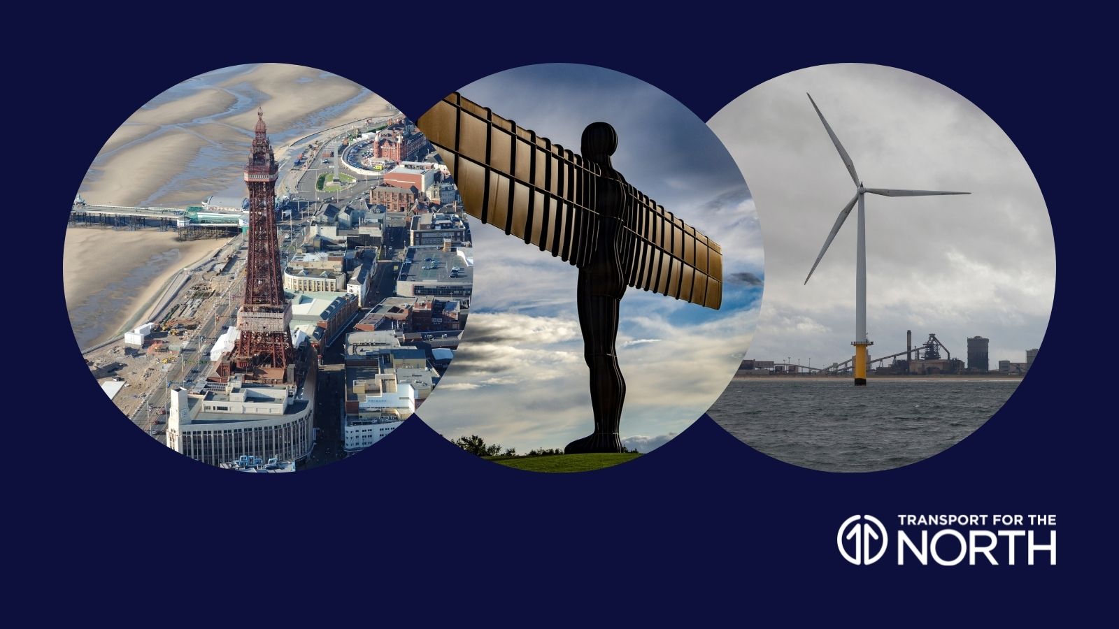 2021 in review banner with Blackpool, Angel of the North, and wind turbine
