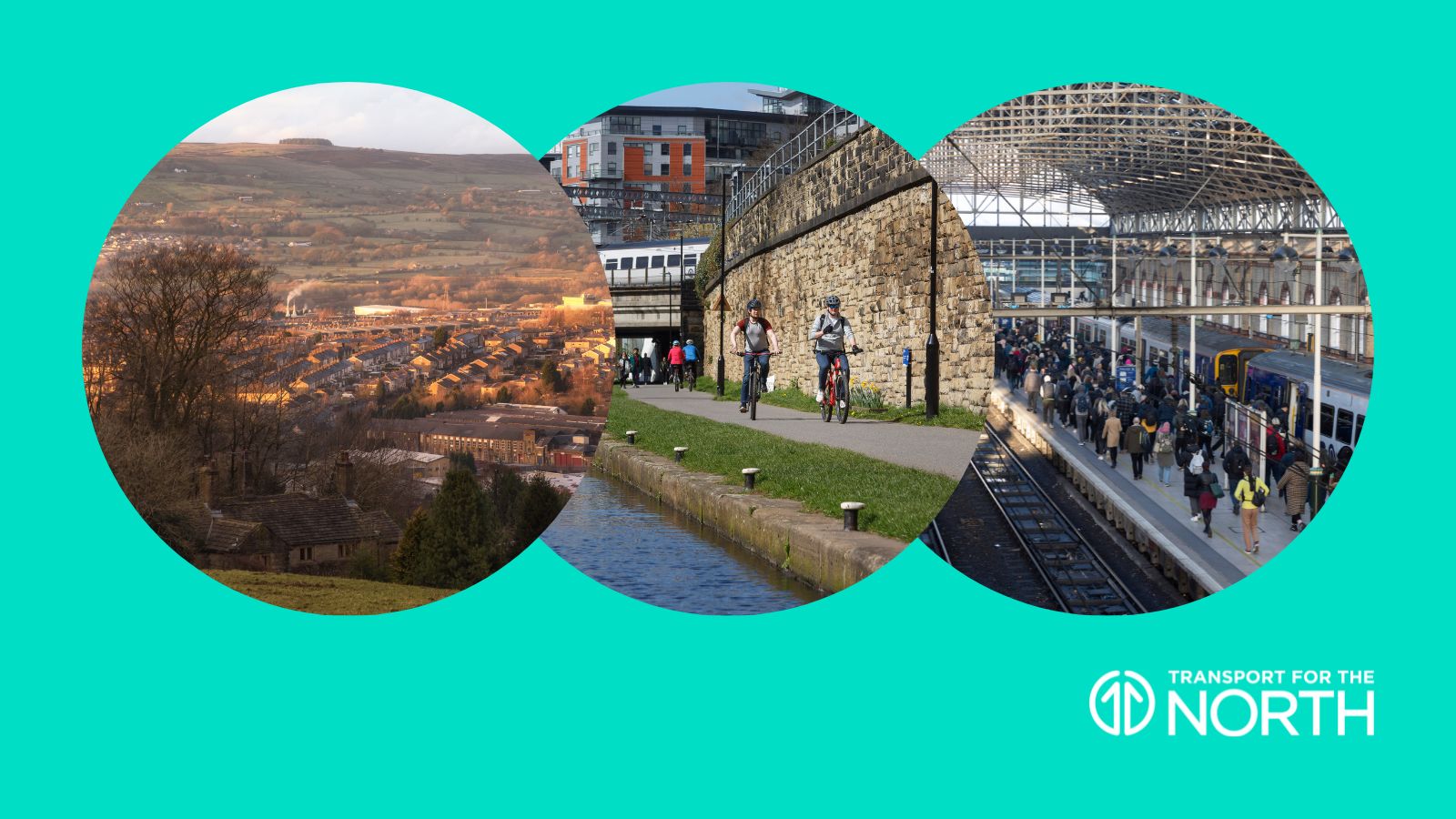 View over Accrington, cyclists in Leeds, and Manchester Piccadilly station