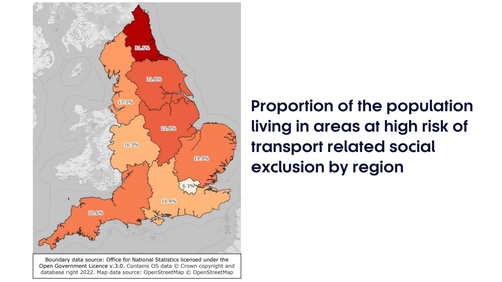 Proportion of the population living in areas at high risk of transport related social exclusion by region