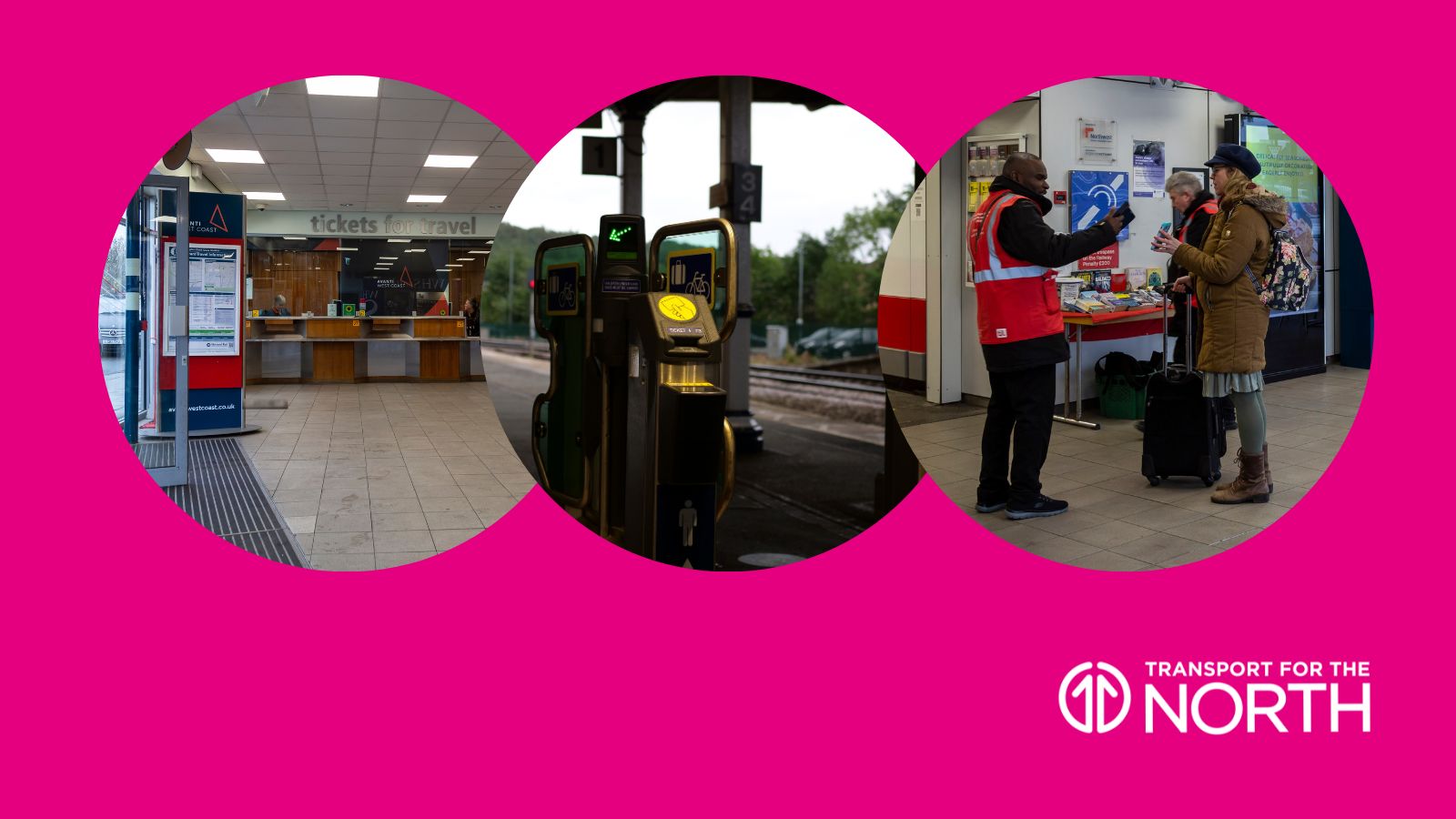 Ticket office, ticket barriers, staff and passenger at Warrington Station