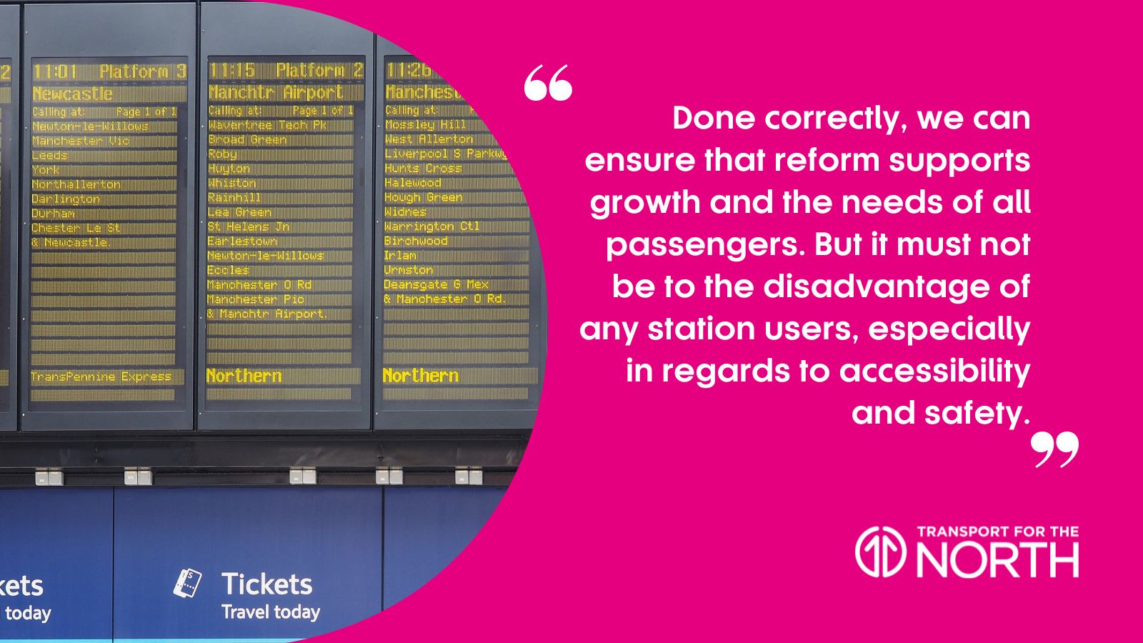 Ticket office reform response with image of train times board