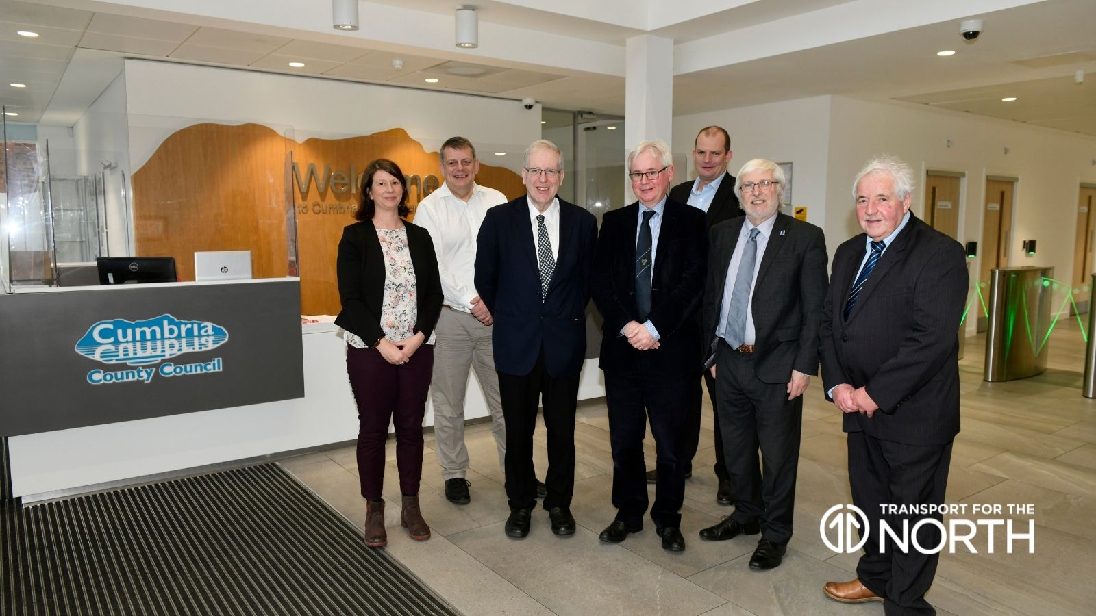 Angela Jones (exec director for economy and infrastructure), Martin Tugwell, Lord Patrick McLoughlin, Cllr Stewart Young, Phil Greenup (assistant director for economy and infrastructure) , Cllr Peter Thornton and Cllr Keith Little at Cumbria County Council’s offices in Carlisle