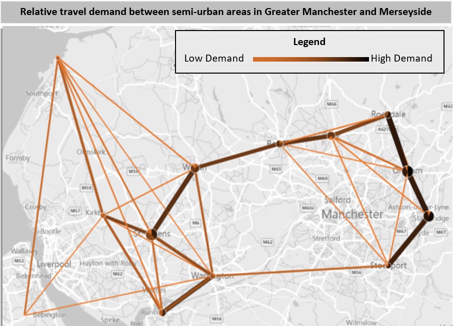Relative travel demand between semi-urban areas in Greater Manchester and Merseyside