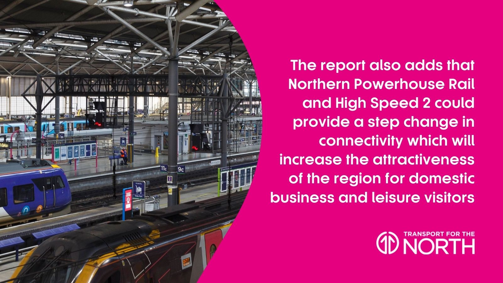 Trains at a station with Visitor Economy report insight into NPR and HS2