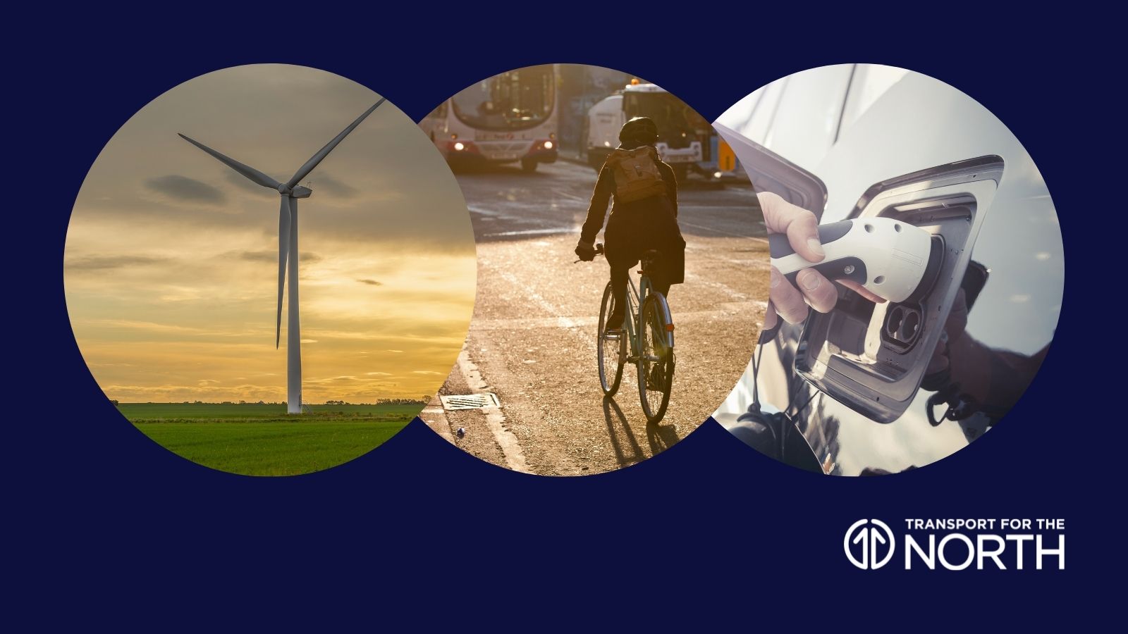 Decarbonisation Strategy banner featuring wind turbine, cyclists and Electric Vehicle charging